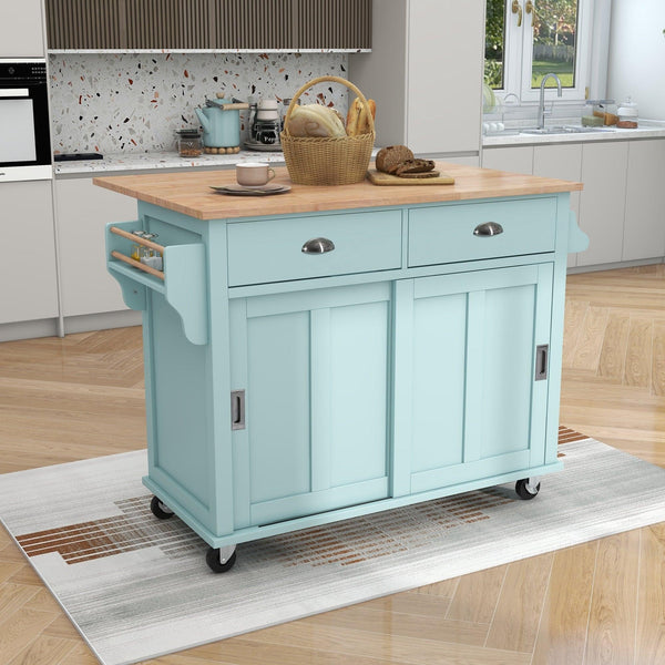Kitchen Cart with Rubber wood Drop-Leaf Countertop, Concealed sliding barn door adjustable height,Kitchen Island on 4 Wheels withStorage Cabinet and 2 Drawers,L52.2xW30.5xH36.6 inch, Mint Green image