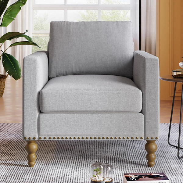 Classic Linen Armchair Accent Chair with Bronze Nailhead Trim Wooden Legs Single Sofa Couch for Living Room, Bedroom, Balcony, Light Gray image