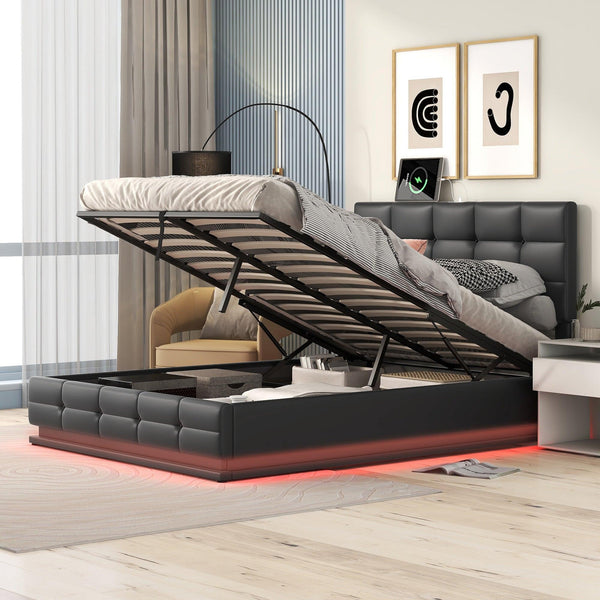 Full Size Tufted Upholstered Platform Bed with HydraulicStorage System,PUStorage Bed with LED Lights and USB charger, Black image