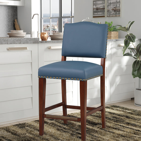 Danbers Stationary Faux Leather Blue Counter Stool with Nail Heads image