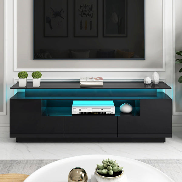 Modern, Stylish Functional TV stand with Color Changing LED Lights, Universal Entertainment Center, High Gloss TV Cabinet for 75+ inch TV, Black image