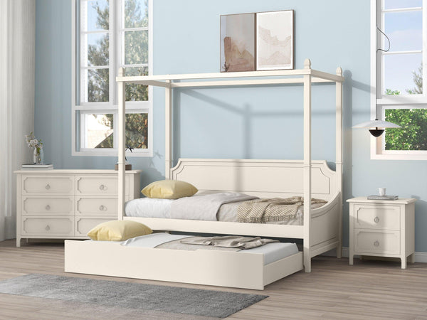 3 Pieces Bedroom Sets Milky White Solid Rubber Wood Twin Size Canopy Daybed with Trundle with Nightstand and Dresser image