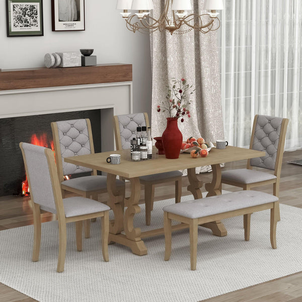 6-Piece Retro Dining Set with Unique-designed Table Legs and Foam-covered Seat Backs&Cushions for Dining Room (Grey Wash) image