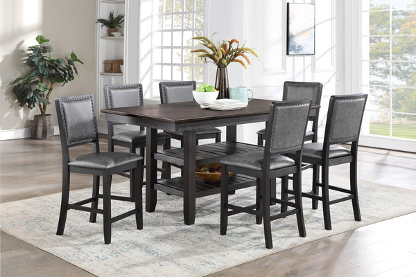 Contemporary Dining Room 7pc Set Grey Finish PU Counter Height Dining Table w Shelf and 6x High Chairs Fabric Upholstered seats Back Counter Height Chairs image