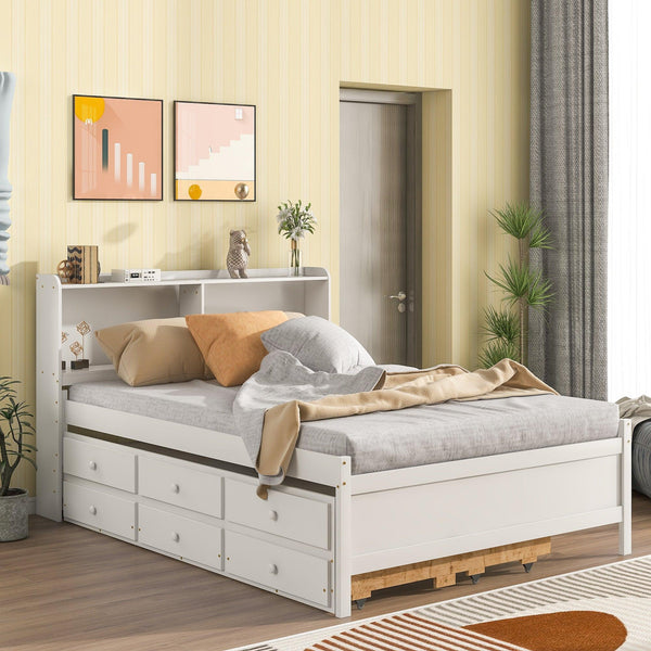 Full Bed with Bookcase,Twin Trundle,Drawers,White image