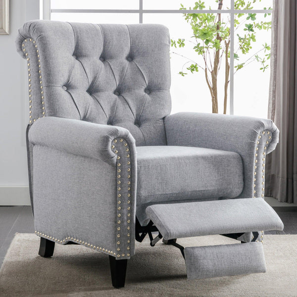 Pushback Linen Tufted Recliner Single Sofa with Nailheads Roll Arm for Living Room, Bedroom, Office, Gray image