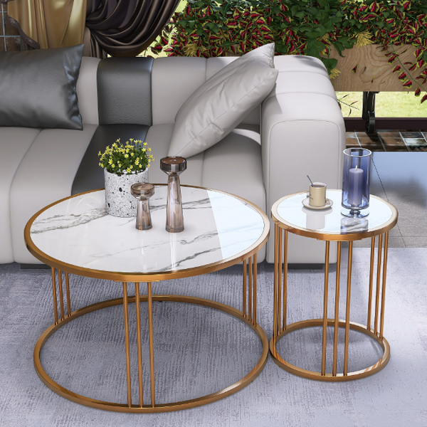 Coffee Table Set of 2, Round Slate Coffee Table with Steel Frame For Living Room image