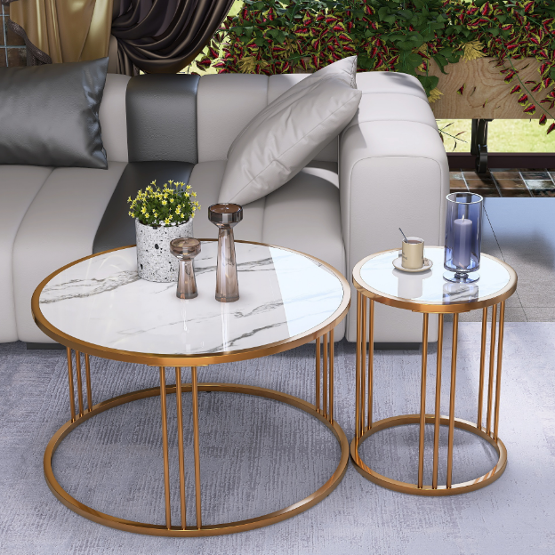 Coffee Table Set of 2, Round Slate Coffee Table with Steel Frame For Living Room image