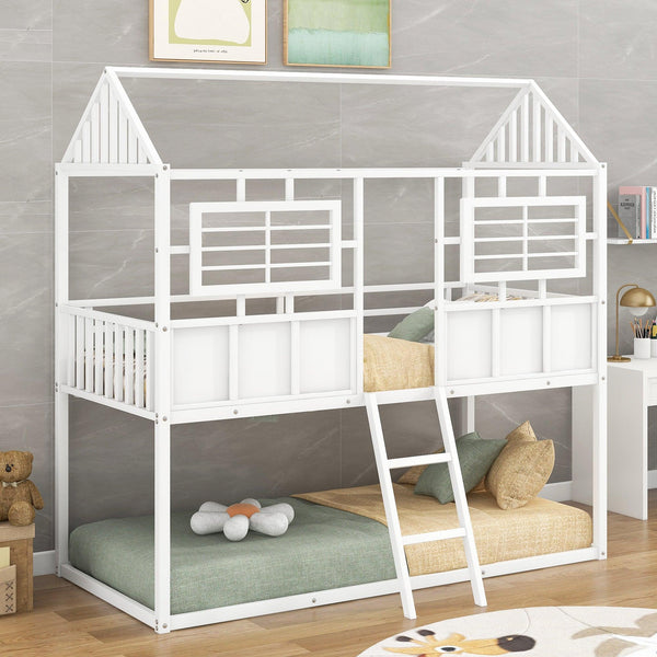Twin over Twin Size Metal Low Bunk Beds with Roof and Fence-shaped Guardrail, White image