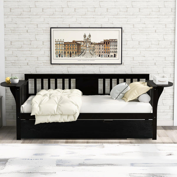 Twin Wooden Daybed with Trundle Bed  , Sofa Bed for Bedroom Living Room, Espresso image