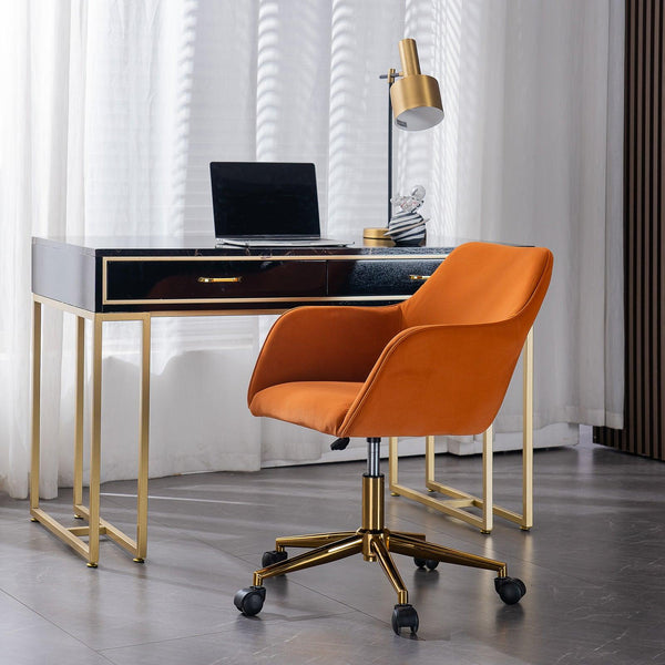 Modern Velvet Fabric Material Adjustable Height 360 revolving Home Office Chair with Gold Metal Legs and Universal Wheels for Indoor,Orange image