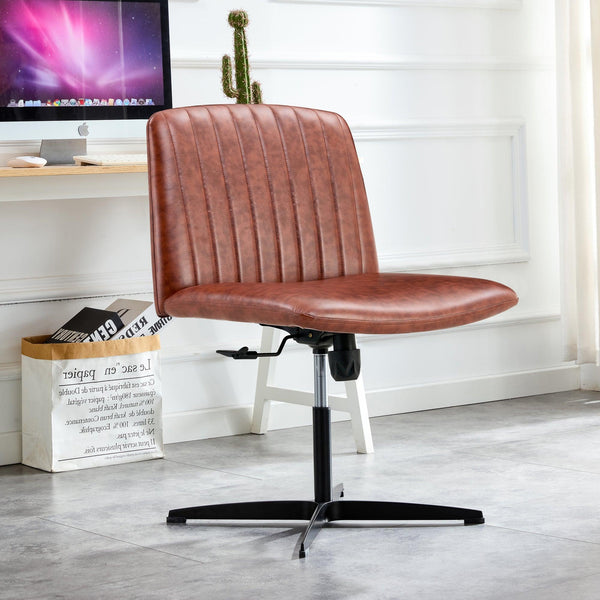 Office chair Brown PU Material. Home Computer Chair Office Chair Adjustable 360 °Swivel Cushion Chair With Black Foot Swivel Chair Makeup Chair Study Desk Chair. No Wheels image