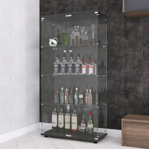 Two-door Glass Display Cabinet 4 Shelves with Door, Floor Standing Curio Bookshelf for Living Room Bedroom Office, 64.56” x 31.69”x 14.37”, Black image