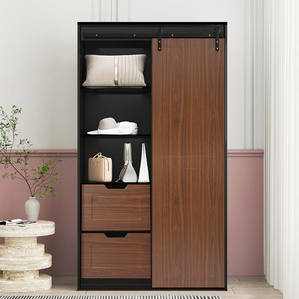71-inch High wardrobe and cabinet , Clothes Locker，classic sliding barn door armoire, lockers, for bedrooms, cloakrooms, living rooms, color: black +brown image