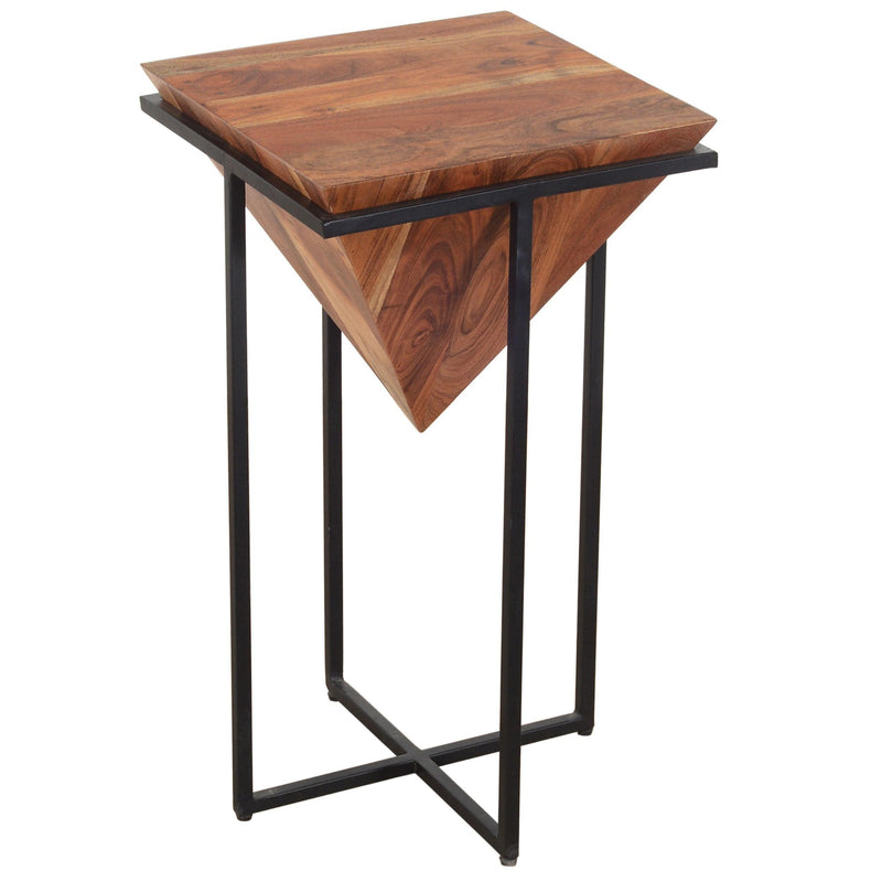 26 Inch Pyramid Shape Wooden Side Table With Cross Metal Base, Brown and Black image