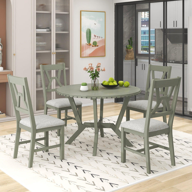 Mid Century 5 Piece Dining Table Set Round Table with Cross Legs 4 Upholstered Chairs for Small Places Kitchen Studio Green Urban Living Furniture Los Angeles CA