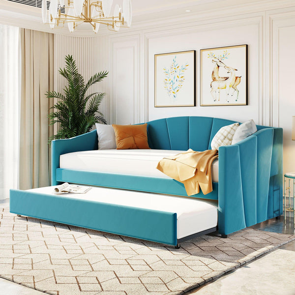 Upholstered Daybed Sofa Bed Twin Size With Trundle Bed and Wood Slat ,Blue image