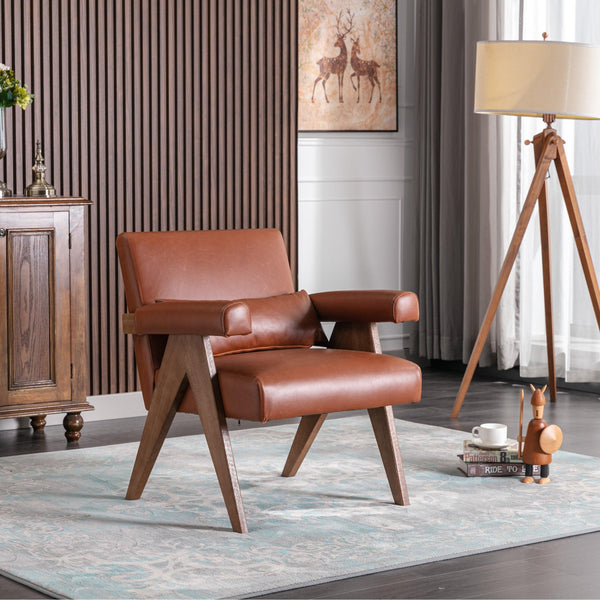 Accent chair, KD rubber wood legs with Walnut finish. PU leather cover the seat. With a cushion.Brown image