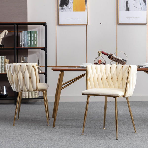 Modern Design Golden Metal Frame Velvet Fabric Dining Chair with Golden Legs,Set of 2,Ivory image