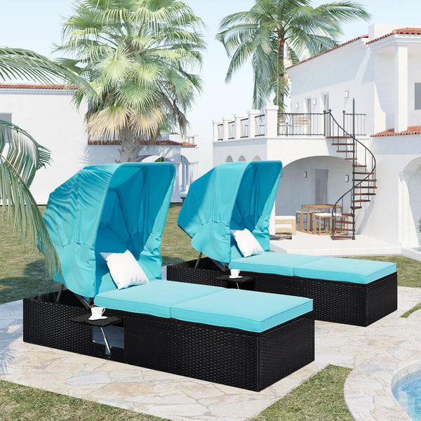 76.8" Long Reclining Single Chaise Lounge with Cushions,Canopy and Cup Table, Black Wicker+ Blue Cushion, Set of 2 image