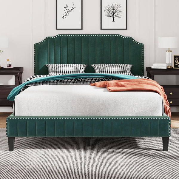Modern Velvet Curved Upholstered Platform Bed , Solid Wood Frame , Nailhead Trim, Green(Queen) image