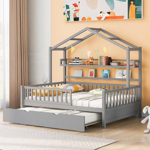 Wooden Full Size House Bed with Twin Size Trundle,Kids Bed with Shelf, Gray image