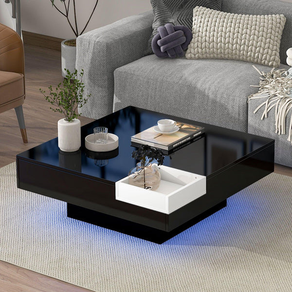 Modern Minimalist Design 31.5*31.5in Square Coffee Table with Detachable Tray and Plug-in 16-color LED Strip Lights Remote Control for Living Room image