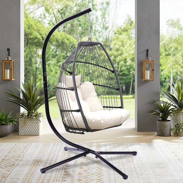 Outdoor Patio Wicker Folding Hanging Chair,Rattan Swing Hammock Egg Chair With Cushion And Pillow image