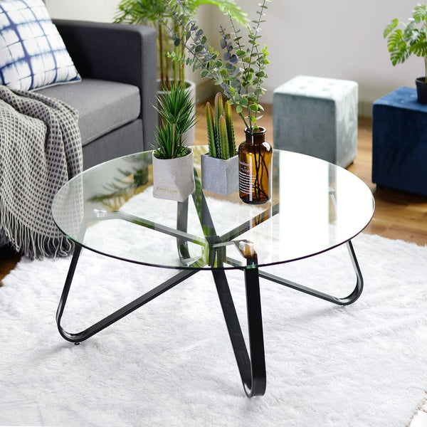 Round Coffee Table for Living Room, 31.5-inchModern Sofa Side End Table with Tempered Glass Top & Metal Legs, Accent Cocktail Tea Table, 31.5 x 31.5 x 15.6 inches, Black image