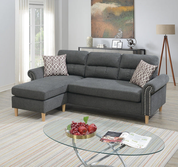 Slate Color Polyfiber Reversible Sectional Sofa Set Chaise Pillows Plush Cushion Couch Nailheads image