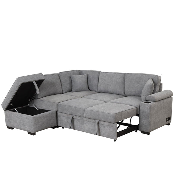 87.4" Sleeper Sofa Bed,2 in 1 Pull Out sofa bed L Shape Couch withStorage Ottoman for Living Room,Bedroom Couch and Small Apartment，Gray image