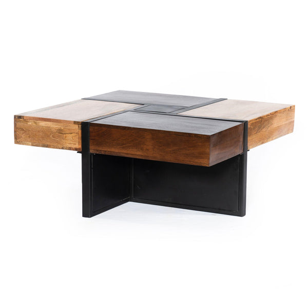 36 Inch Handcrafted Square ManWood Coffee Table, Iron Frame, Cherry, Natural, Black image