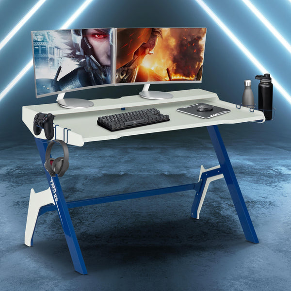 Techni Sport Ergonomic Computer Gaming  Desk Workstation with Cupholder & Headphone Hook, Blue image