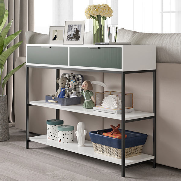 Louie White and Light Green Wood Console Table Steel Frame with Shelves and Drawers image
