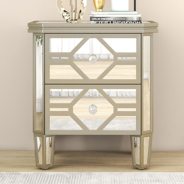 Elegant Mirrored 2-Drawer Side Table with lden Lines for Living Room, Hallway, Entryway image