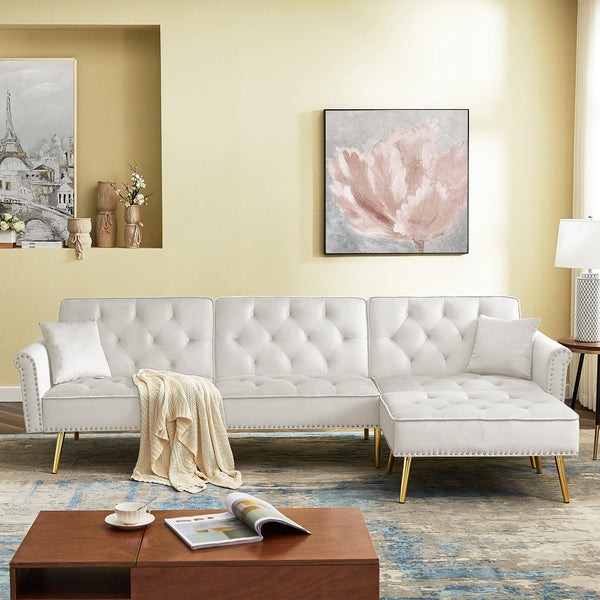 Modern Velvet Upholstered Reversible Sectional Sofa Bed , L-Shaped Couch with Movable Ottoman and Nailhead Trim For Living Room. (Light Grey) image