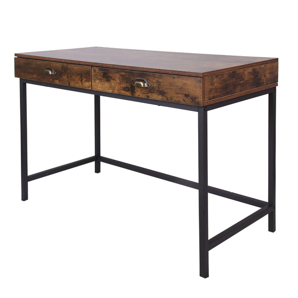 Industrial Grained Wooden Computer Desk with 2 Drawers, Brown and Black image