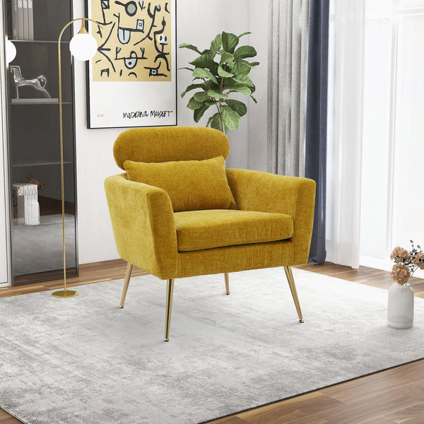 29.5"WModern Chenille Accent Chair Armchair Upholstered Reading Chair Single Sofa Leisure Club Chair with Gold Metal Leg and Throw Pillow for Living Room Bedroom Dorm Room Office, Mustard Chenille image