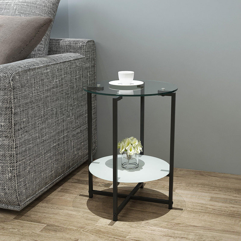 2-layer Tempered Glass End Table, Round Coffee Table for Bedroom Living Room Office image