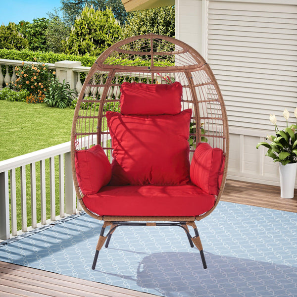 Wicker Egg Chair, Oversized Indoor Outdoor Lounger for Patio, Backyard, Living Room w/ 5 Cushions, Steel Frame, 440lb Capacity - Red image