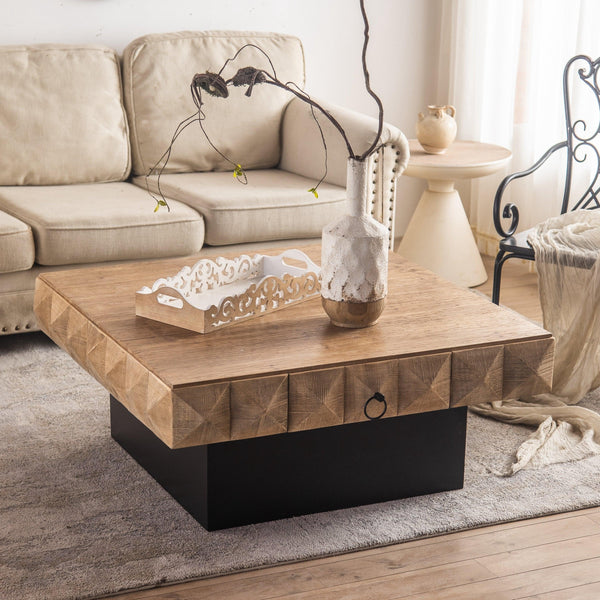 41.33"Three-dimensional Embossed  Pattern Square Retro Coffee Table with 2 Drawers and MDF Base image