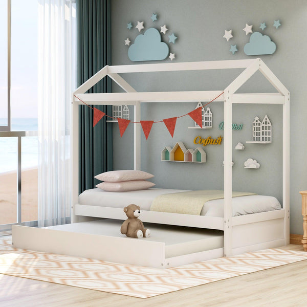House Bed with Trundle, can be Decorated,White image