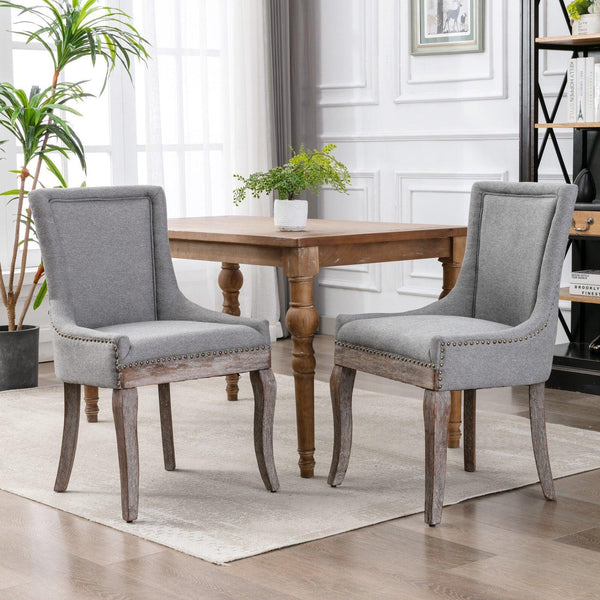 Ultra Side Dining Chair，Thickened fabric chairs with neutrally toned solid wood legs， Bronze nail head，Set of 2，Gray image