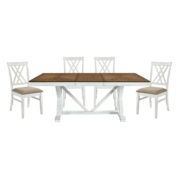 Modern Style White and Oak Finish 5pc Dining Set Table w Extension Leaf 4x Side Chairs Upholstered Seat Charming Traditional Dining Room Furniture image
