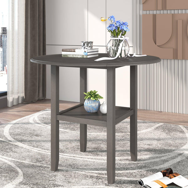 Farmhouse Round Counter Height Kitchen Dining Table with Drop Leaf  and One Shelf for Small Places, Gray image