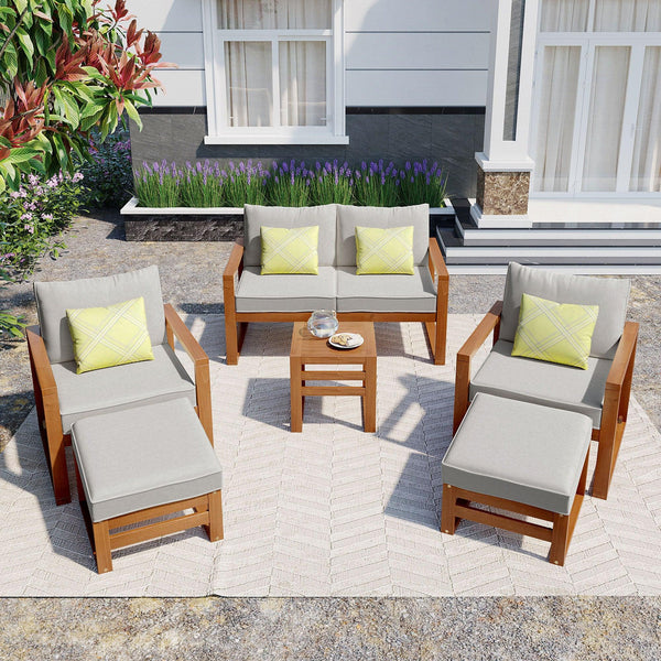 Outdoor Patio Wood 6-Piece Conversation Set, Sectional Garden Seating Groups Chat Set with Ottomans and Cushions for Backyard, Poolside, Balcony, Grey image
