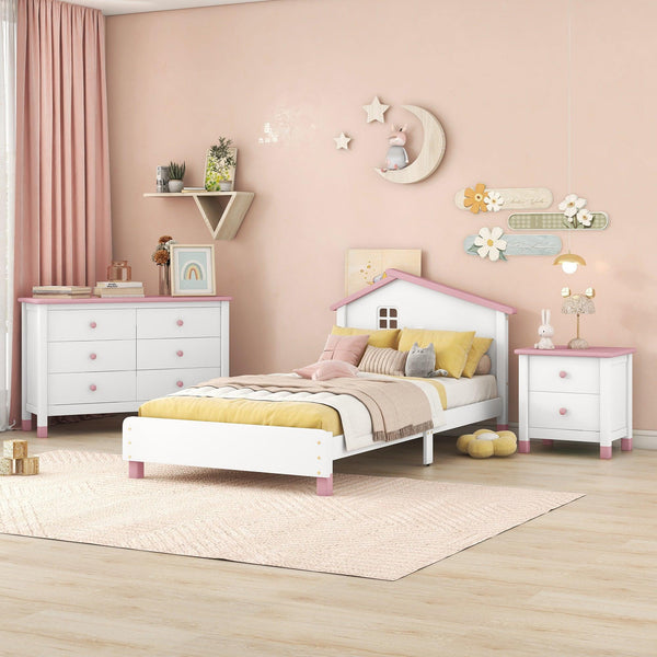 3-Pieces Bedroom Sets Twin Size Platform Bed with Nightstand andStorage dresser,White+Pink image