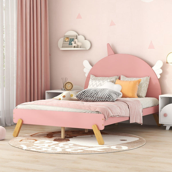 Wooden Cute Bed With Unicorn Shape Headboard,Full Size Platform Bed,Pink image