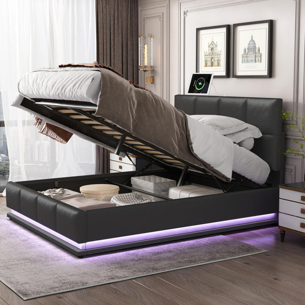 Tufted Upholstered Platform Bed with HydraulicStorage System,Queen Size PUStorage Bed with LED Lights and USB charger, Black image