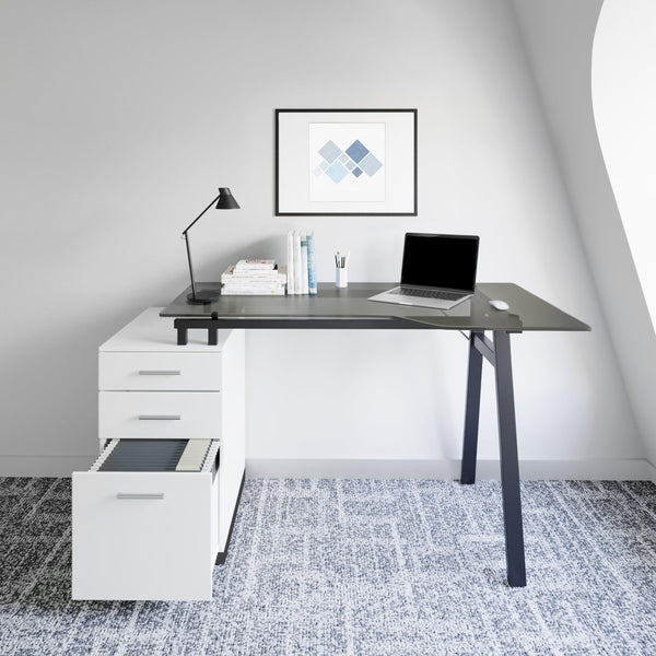 Techni MobiliModern Home Office Computer Desk with smoke tempered glass top &Storage - White image